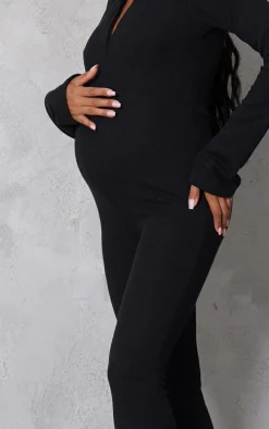 Maternity Black Ribbed Collar Long Sleeve Jumpsuit