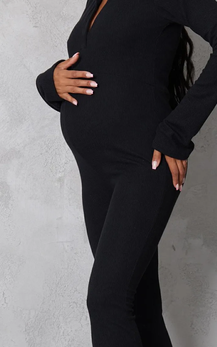Maternity Black Ribbed Collar Long Sleeve Jumpsuit
