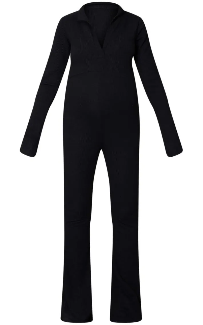 Maternity Black Ribbed Collar Long Sleeve Jumpsuit