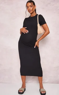 Maternity Black Ribbed Crew Neck Midi Dress