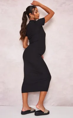 Maternity Black Ribbed Crew Neck Midi Dress