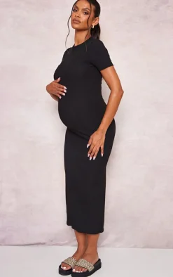 Maternity Black Ribbed Crew Neck Midi Dress