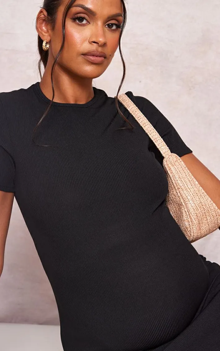 Maternity Black Ribbed Crew Neck Midi Dress