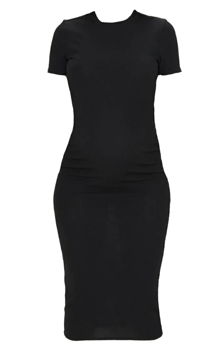 Maternity Black Ribbed Crew Neck Midi Dress