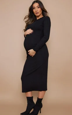 Maternity Black Ribbed Long Sleeve Midi Dress
