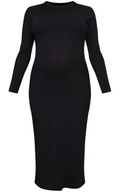 Maternity Black Ribbed Long Sleeve Midi Dress