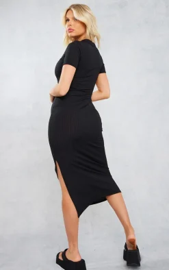 Maternity Black Ribbed Short Sleeve Midi Dress