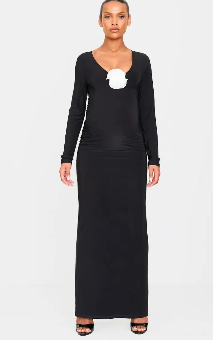 Maternity Black Rose Detail Long Sleeve Maxi Dress