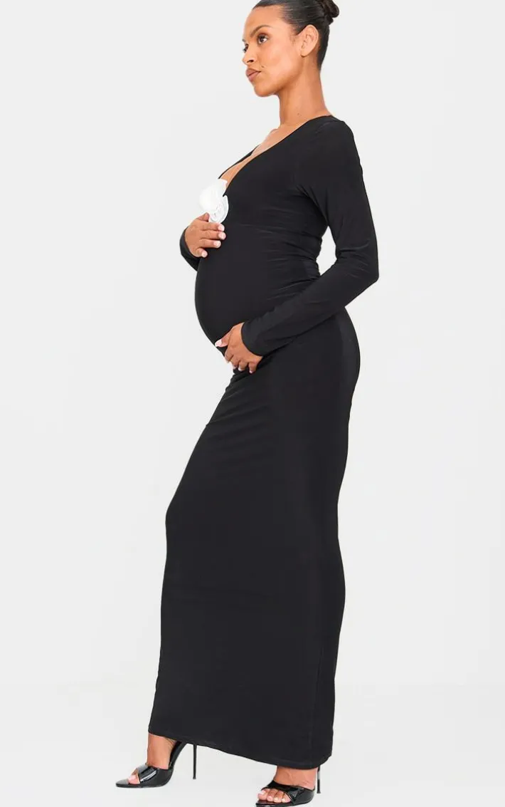 Maternity Black Rose Detail Long Sleeve Maxi Dress