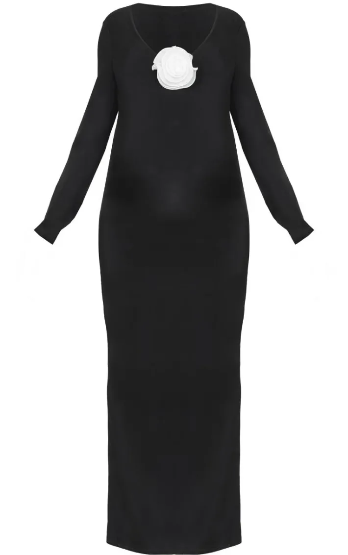 Maternity Black Rose Detail Long Sleeve Maxi Dress