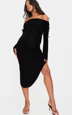 Maternity Black Slinky Bardot Ruched Asymmetric Hem Midi Dress