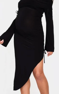Maternity Black Slinky Bardot Ruched Asymmetric Hem Midi Dress