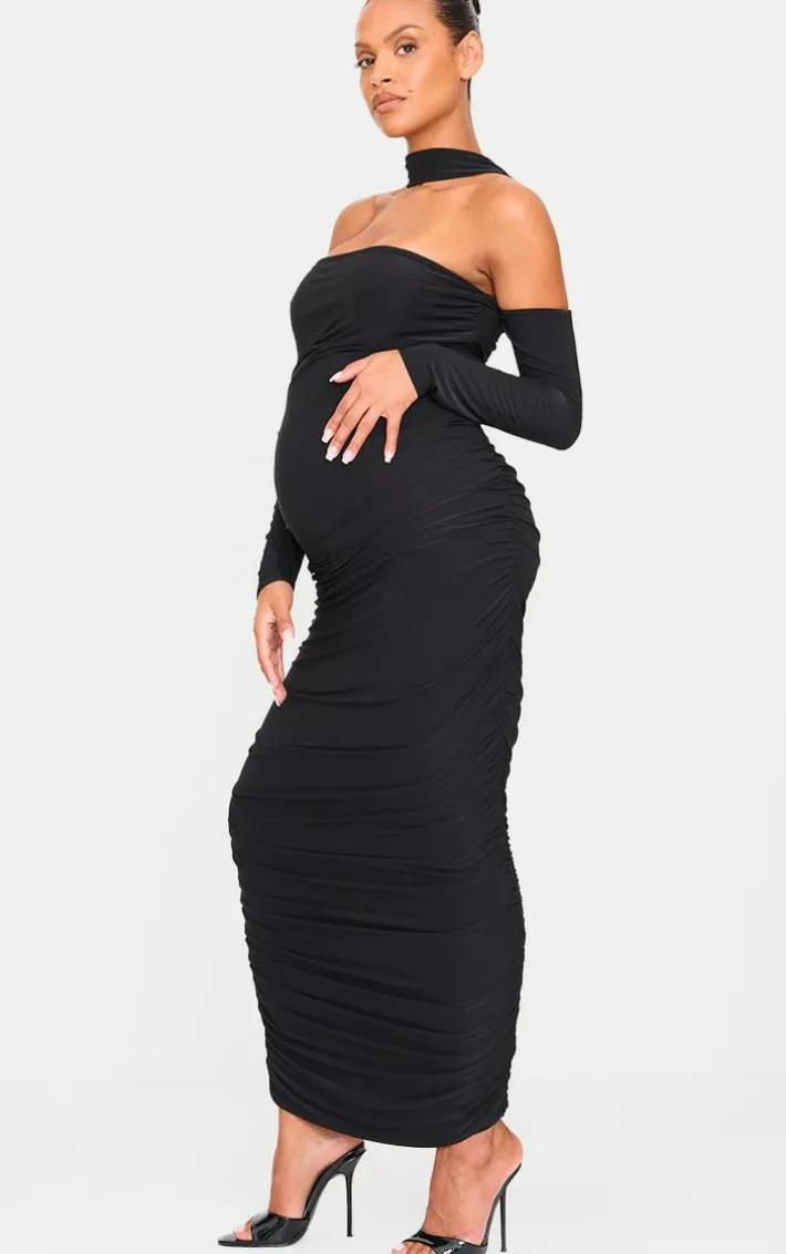 Maternity Black Slinky Choker Detail Ruched Midaxi Dress