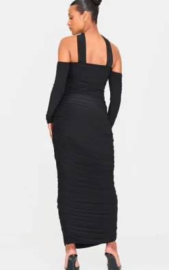 Maternity Black Slinky Choker Detail Ruched Midaxi Dress