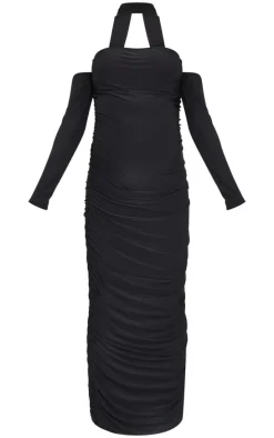 Maternity Black Slinky Choker Detail Ruched Midaxi Dress