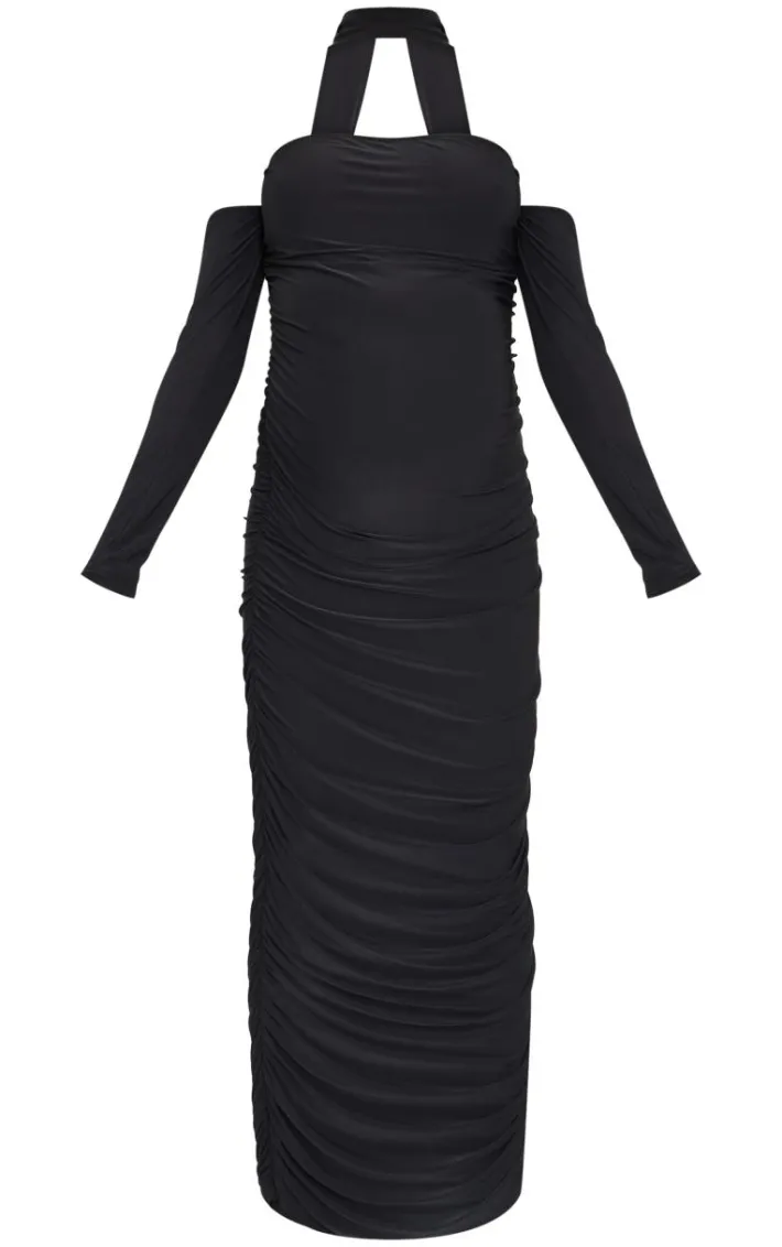 Maternity Black Slinky Choker Detail Ruched Midaxi Dress