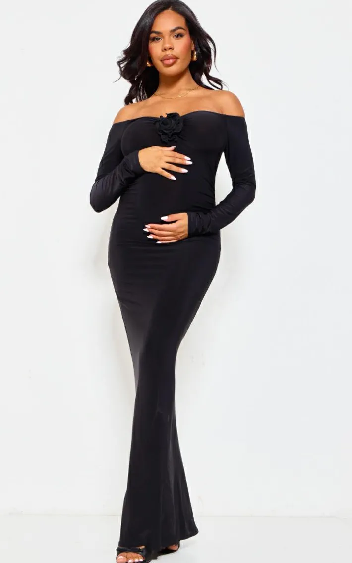 Maternity Black Slinky Corsage Detail Off The Shoulder Maxi Dress