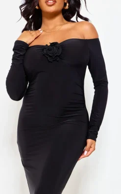 Maternity Black Slinky Corsage Detail Off The Shoulder Maxi Dress