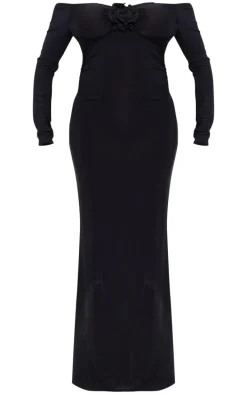 Maternity Black Slinky Corsage Detail Off The Shoulder Maxi Dress