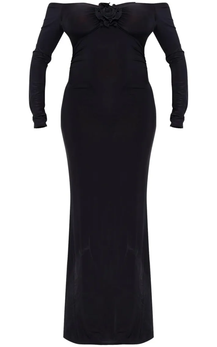 Maternity Black Slinky Corsage Detail Off The Shoulder Maxi Dress