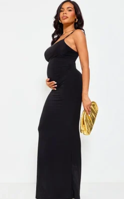 Maternity Black Slinky Straight Neck Sleeveless Maxi Dress