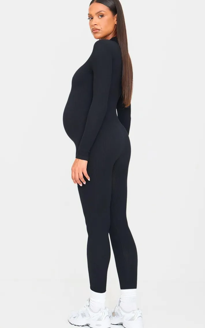 Maternity Black Snatched Ribbed Jumpsuit