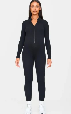 Maternity Black Snatched Ribbed Jumpsuit