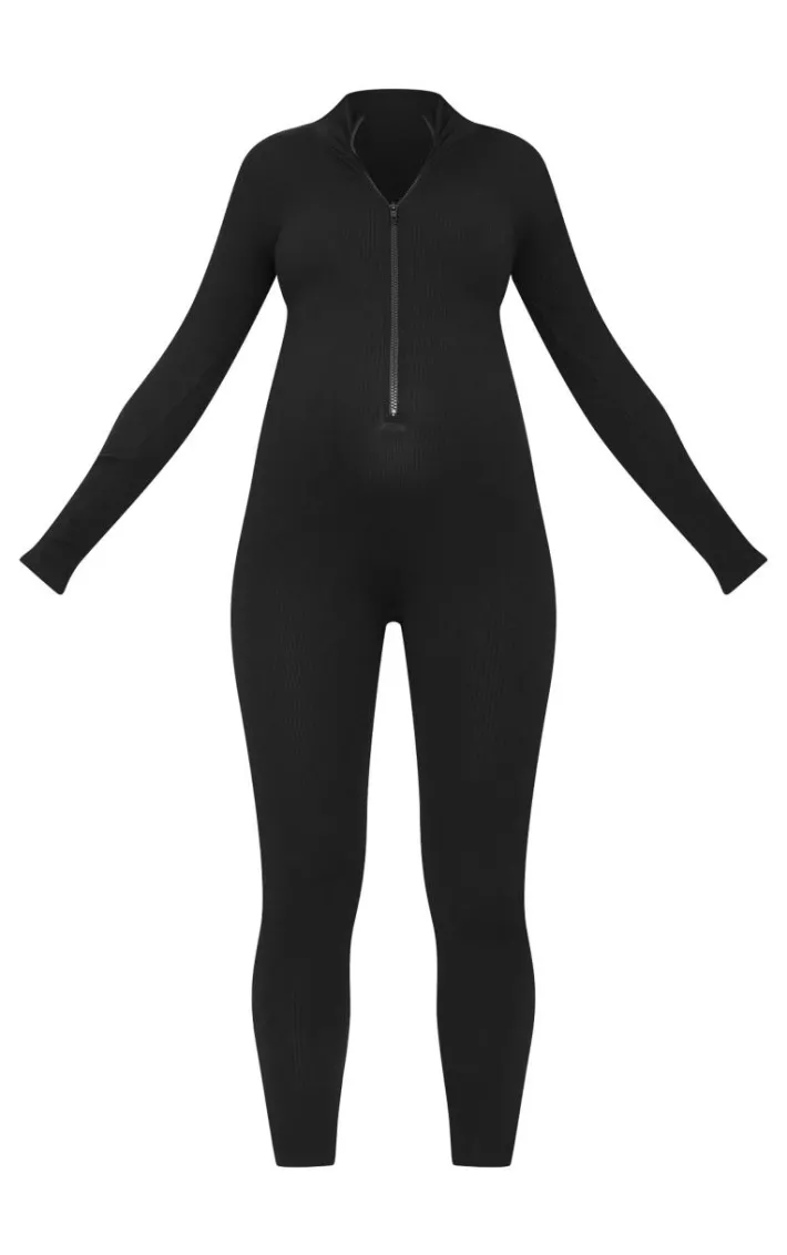 Maternity Black Snatched Ribbed Jumpsuit