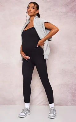 Maternity Black Snatched Ribbed Strappy Jumpsuit