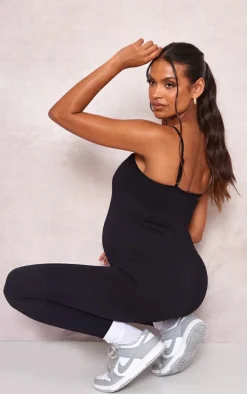 Maternity Black Snatched Ribbed Strappy Jumpsuit