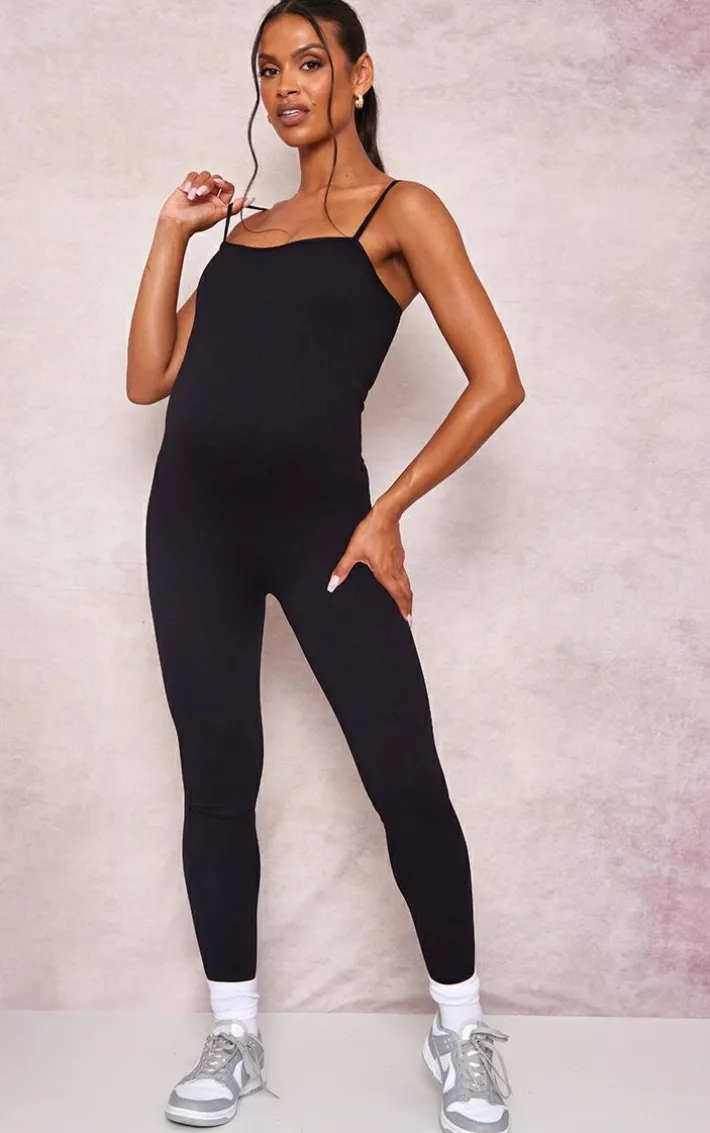 Maternity Black Snatched Ribbed Strappy Jumpsuit