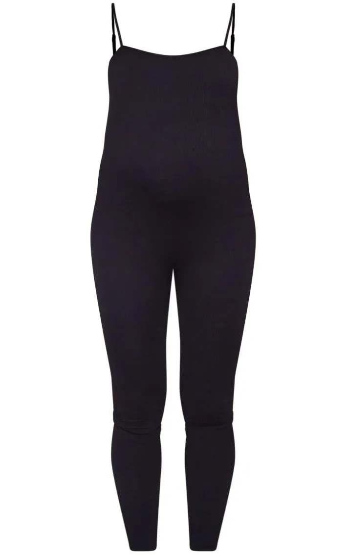 Maternity Black Snatched Ribbed Strappy Jumpsuit