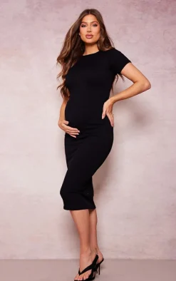 Maternity Black Snatched Rib Short Sleeve Midi Dress