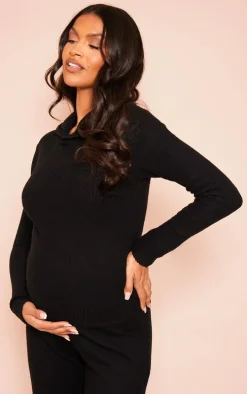 Maternity Black Soft Rib Hoodie