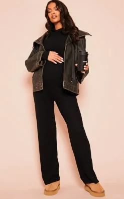 Maternity Black Soft Rib Hoodie