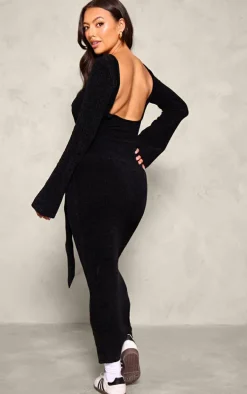 Maternity Black Soft Textured Knit Open Back Tie Waist Maxi Dress