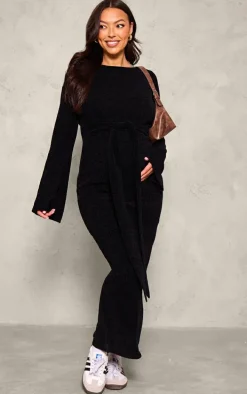 Maternity Black Soft Textured Knit Open Back Tie Waist Maxi Dress