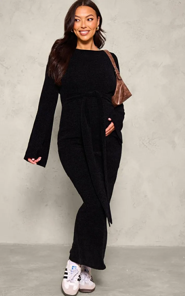 Maternity Black Soft Textured Knit Open Back Tie Waist Maxi Dress