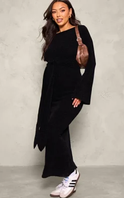 Maternity Black Soft Textured Knit Open Back Tie Waist Maxi Dress