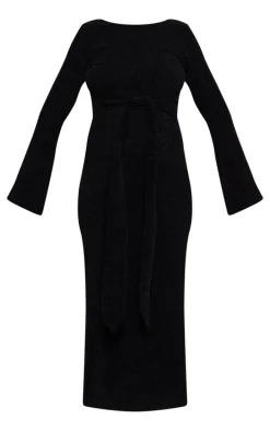 Maternity Black Soft Textured Knit Open Back Tie Waist Maxi Dress
