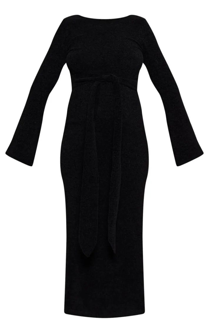 Maternity Black Soft Textured Knit Open Back Tie Waist Maxi Dress