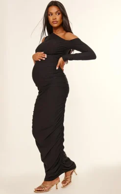 Maternity Black Soft Touch One Shoulder Ruched Maxi Dress