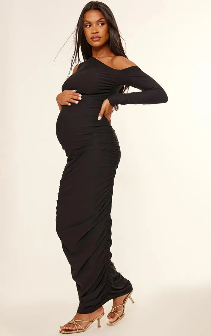 Maternity Black Soft Touch One Shoulder Ruched Maxi Dress
