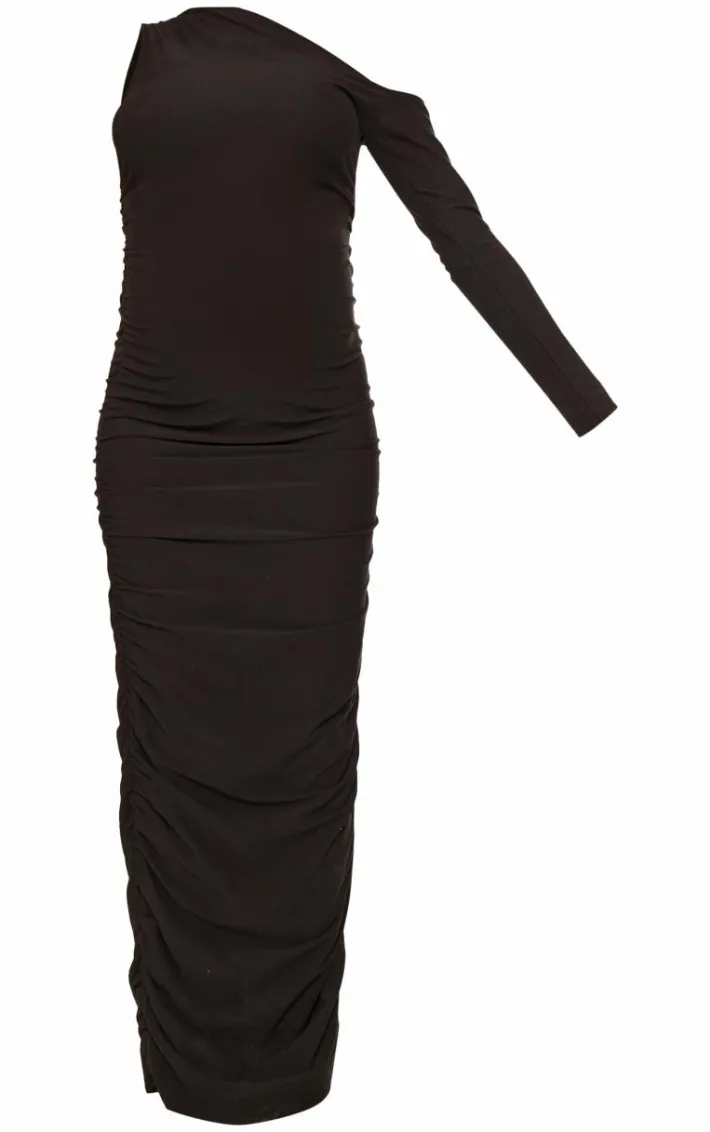 Maternity Black Soft Touch One Shoulder Ruched Maxi Dress