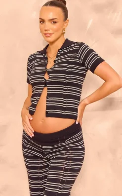 Maternity Black Striped Knit Button Up Top
