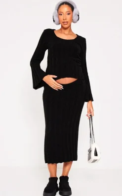 Maternity Black Thick Rib Knitted Midaxi Skirt