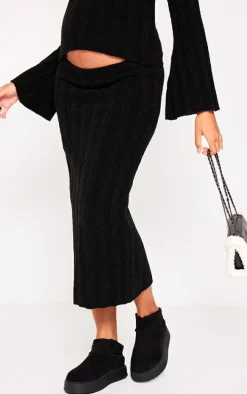 Maternity Black Thick Rib Knitted Midaxi Skirt