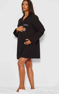 Maternity Black Waffle Mama Embroidered Nightie