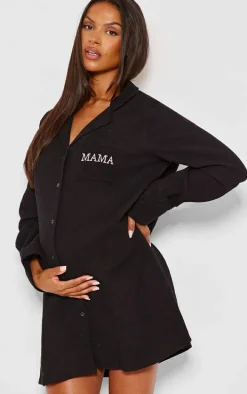 Maternity Black Waffle Mama Embroidered Nightie