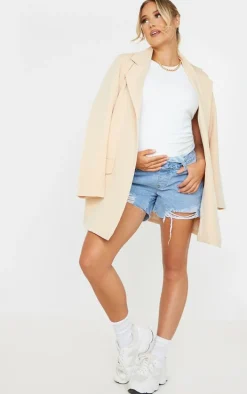 Maternity Blue Belly Band Light Wash Ripped Denim Shorts